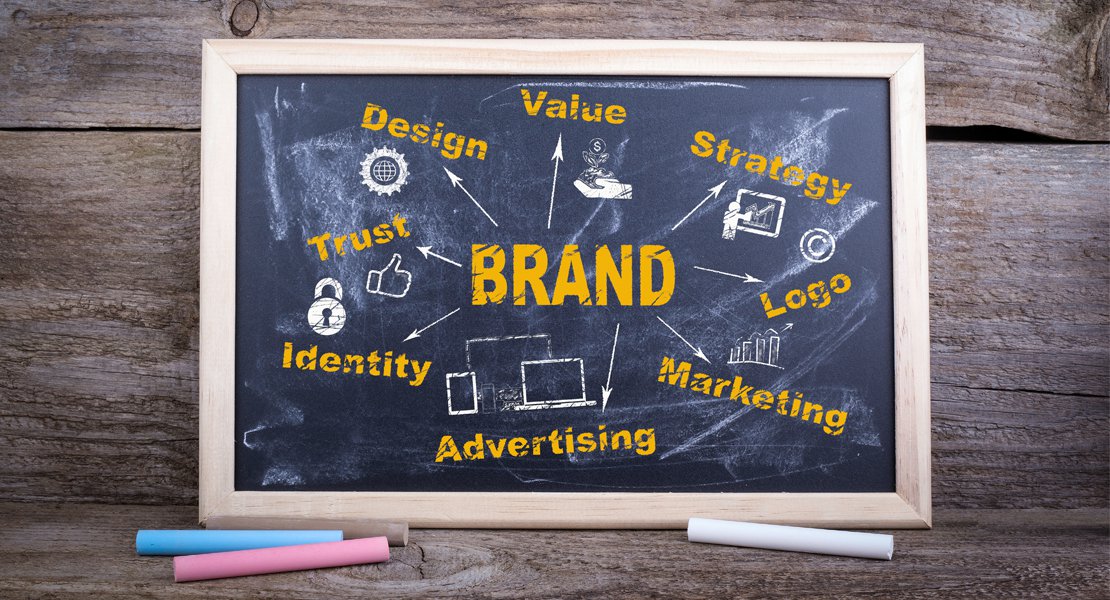 Branding word cloud on chalkboard: design, value, strategy, logo, marketing, advertising, identify, trust.
