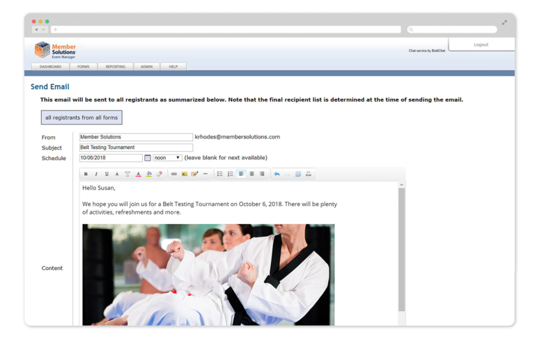 Screenshot showing email marketing features of event registration software on laptop
