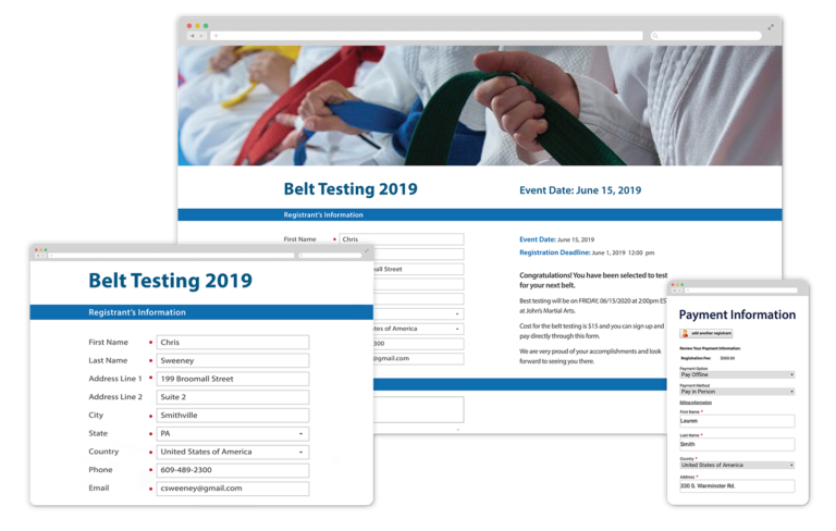 Martial arts belt-testing online event registration form shown on desktop, tablet, and mobile devices.