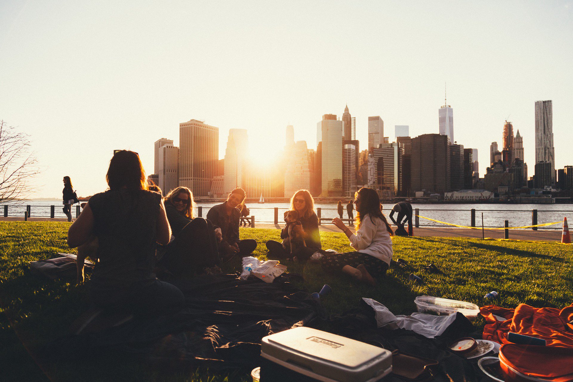 Group of young adults at picnic outdoor event in city park with skyline